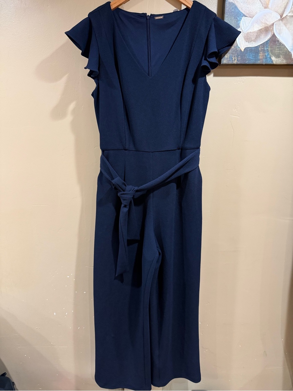 T Tahari Navy V-Neck Flutter Sleeve Jumpsuit